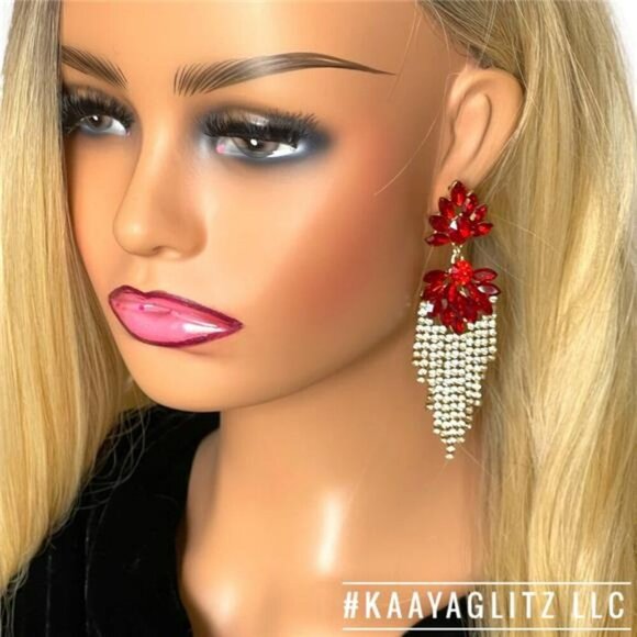 Red Earrings Long Tassel Dangle Crystal Rhinestone Gold Bridal Prom Holiday - Picture 4 of 5